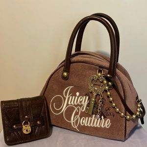 Juicy Couture tan color with brown leather trim with matching wallet. Brand new
